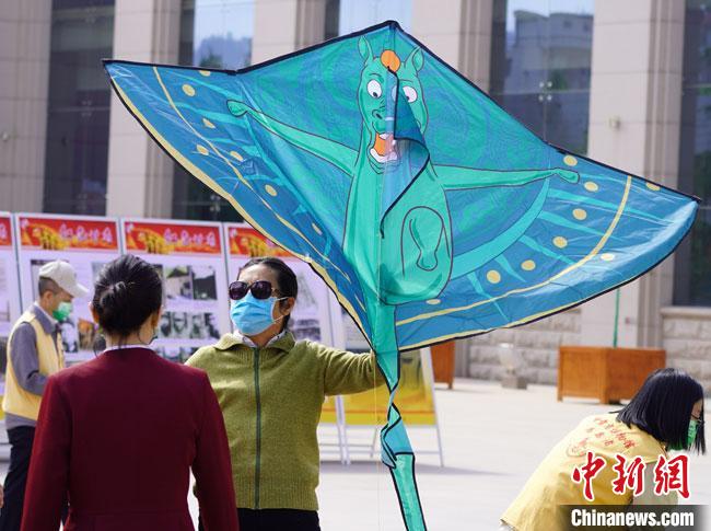 5月18日，甘肅省博物館為觀眾免費(fèi)發(fā)放文創(chuàng)產(chǎn)品“綠馬飛俠”風(fēng)箏。　 九美旦增 攝