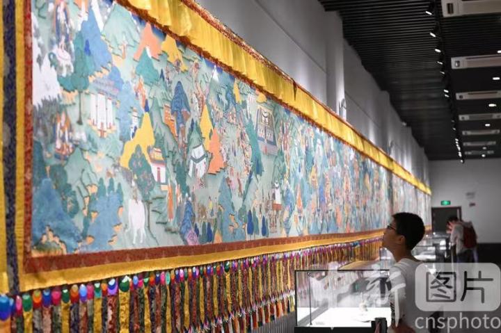 圖為一名小朋友觀看唐卡《涼州會(huì)盟》。 中新社記者 戴文昌 攝