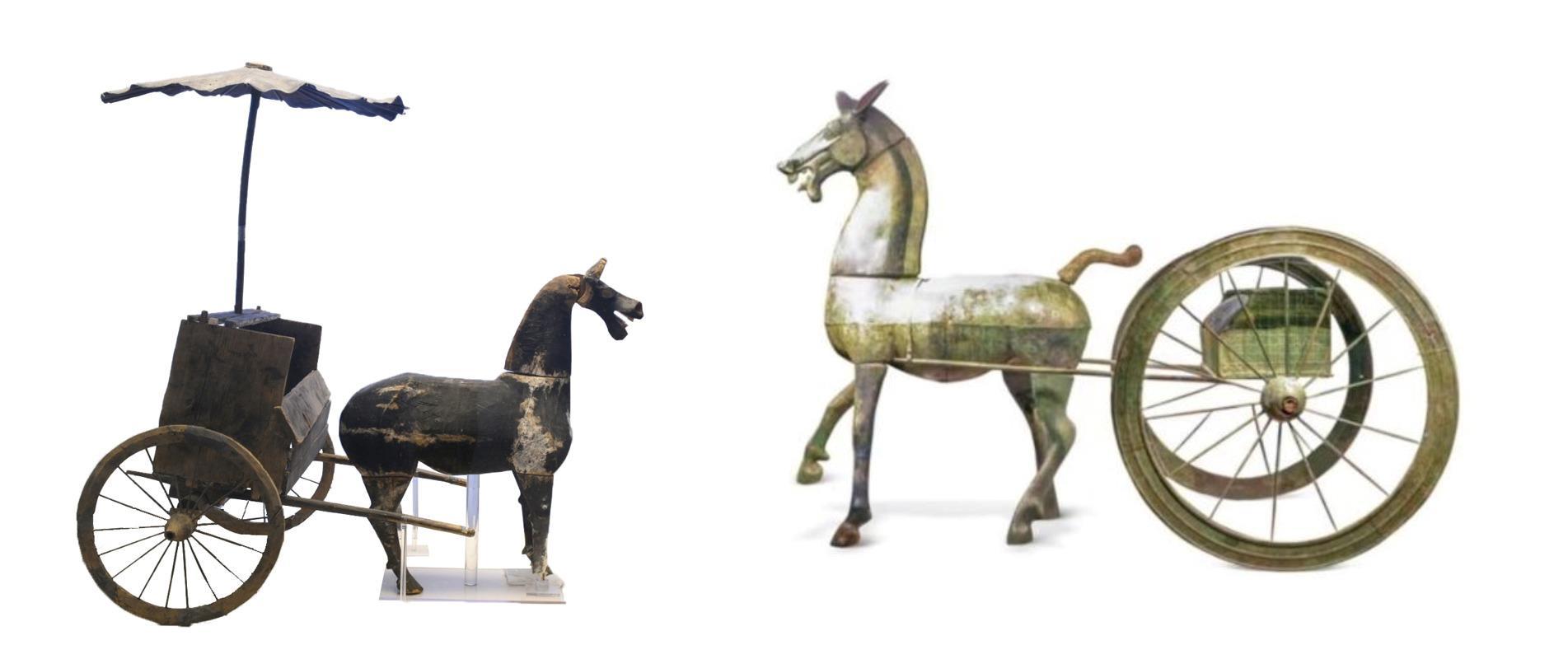 △左為漢代木軺車，藏于青海省博物館；右為東漢銅車馬，藏于黔西南州博物館。